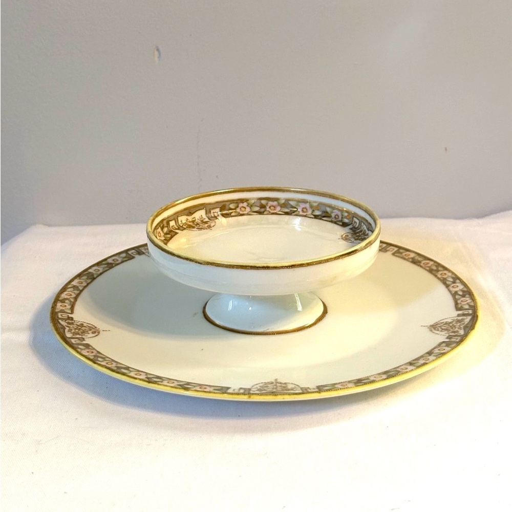 Vintage Chip and Dip Set Pedestal Bowl Elegant Floral Gold Trim Serving Dish